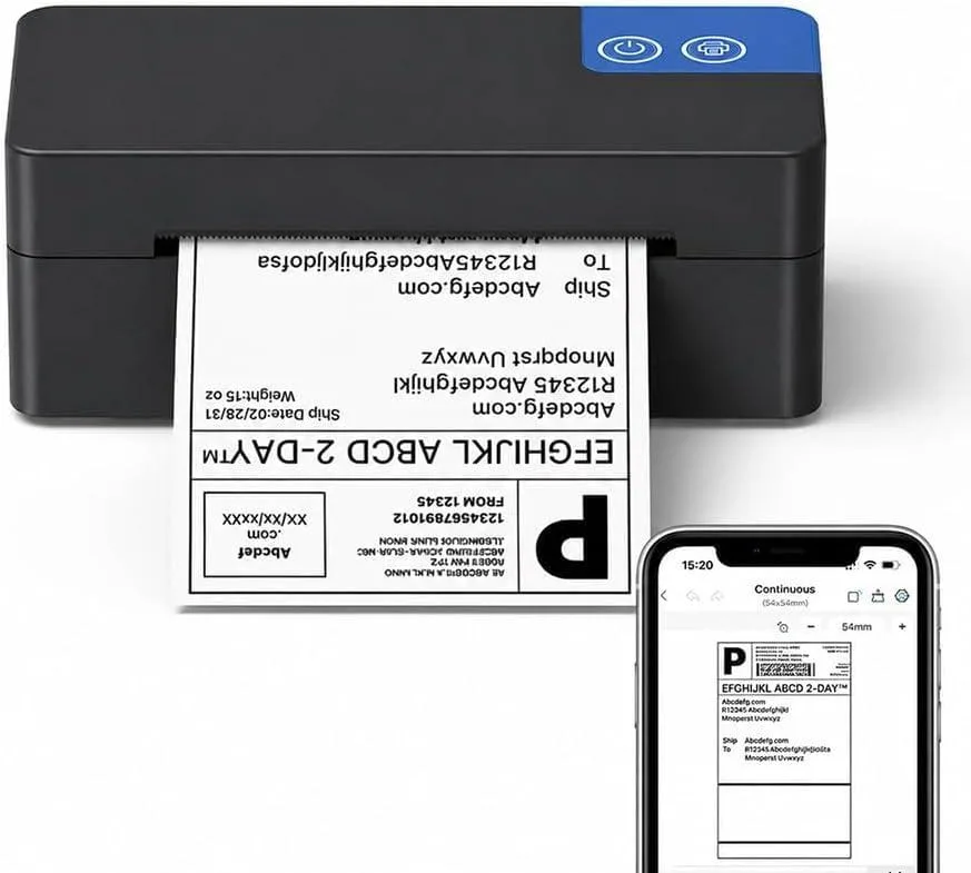 Compact black thermal label printer with Bluetooth, prints 4x6 labels