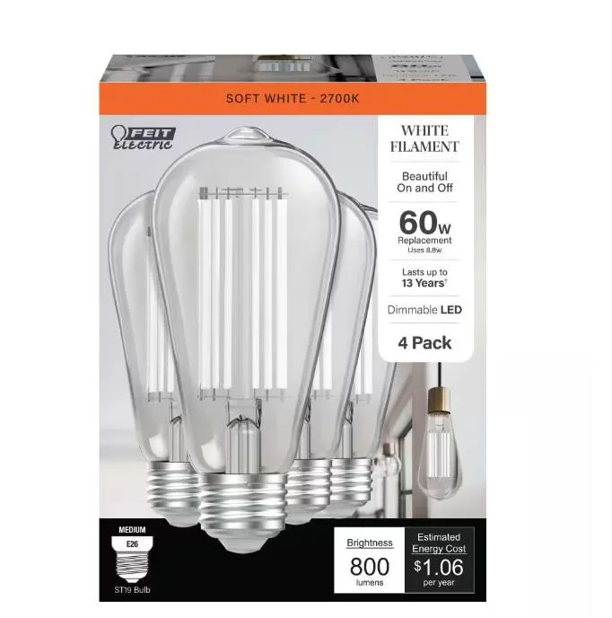 FEIT ELECTRIC FEIT ELECTRIC ST19 60W Equivalent Dimmable White Filament Clear Glass E26 2700K 4-Pack — product photo