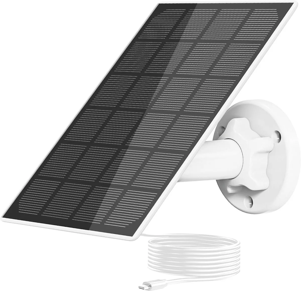 Small rectangular solar panel with dark cells, silver frame, USB-C cable, and adjustable bracket