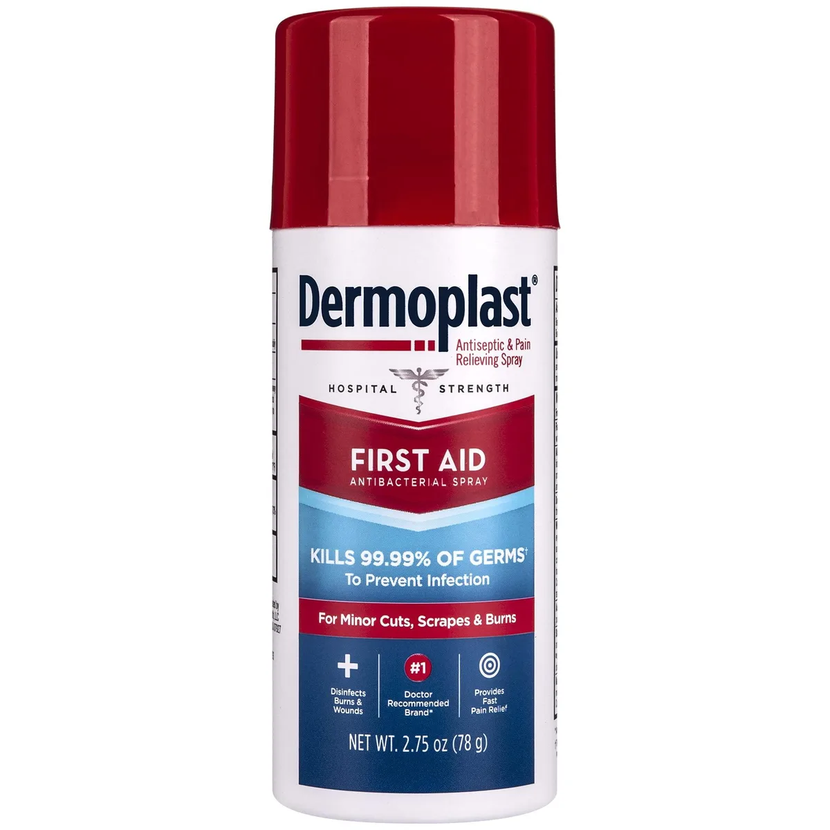 Blue and white aerosol can with spray nozzle, 2.75 ounce first aid spray
