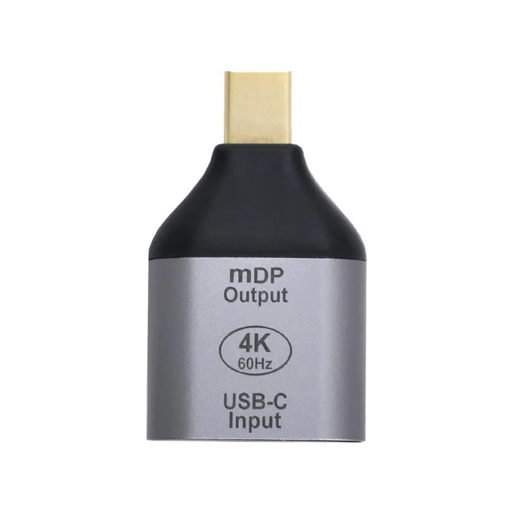 Silver USB-C female to Mini DisplayPort adapter, compact rectangular body