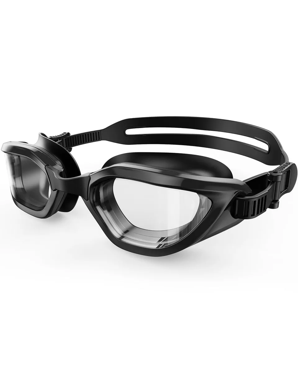 Black kids swimming goggles with curved clear lenses and adjustable strap