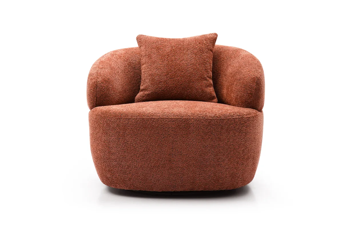 Orange curved boucle swivel armchair on round base