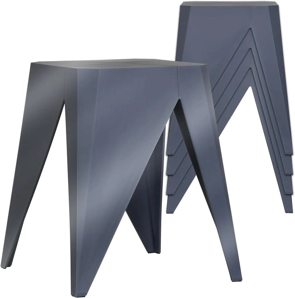 Stack of four charcoal plastic stools, smooth curved seats, tapered legs