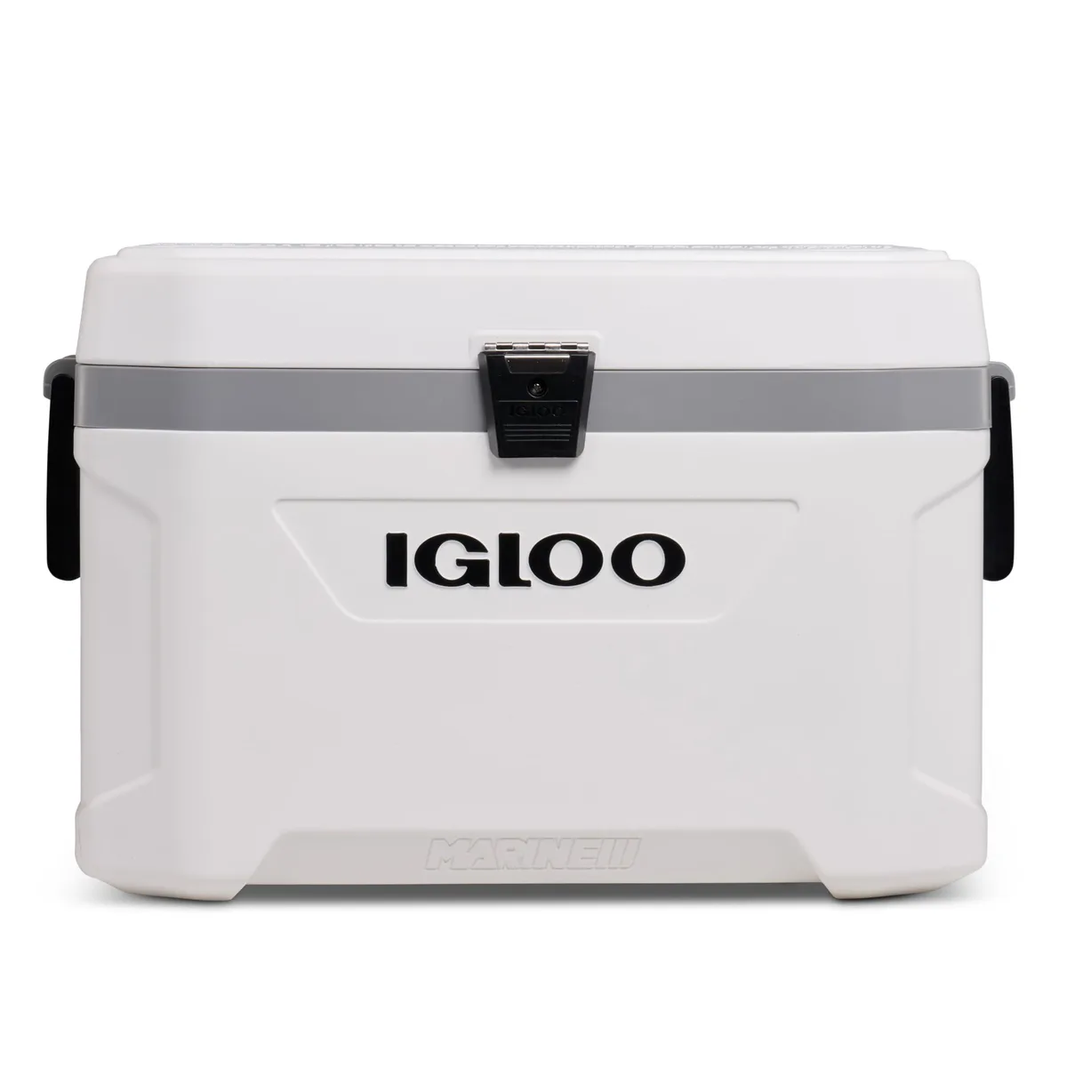 White rectangular insulated cooler with swing-up handles and hybrid latches, 54 quart capacity