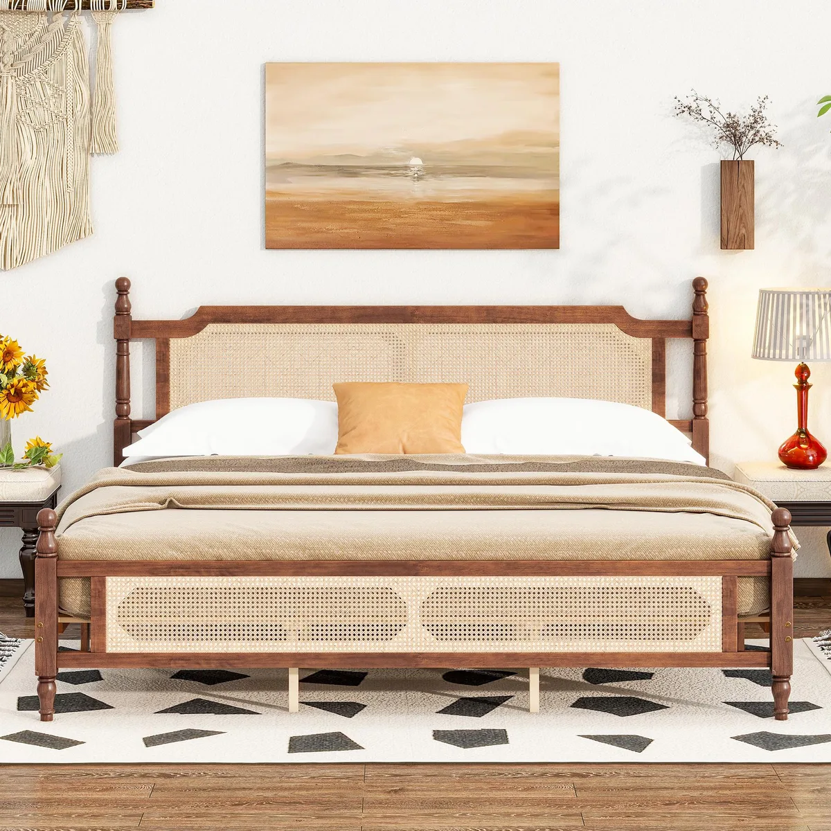 King-size pine bed with walnut finish, rattan headboard and footboard, spherical bedposts, central support platform