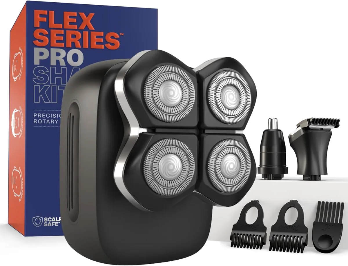 Cordless electric shaver with rotary head and multiple attachments