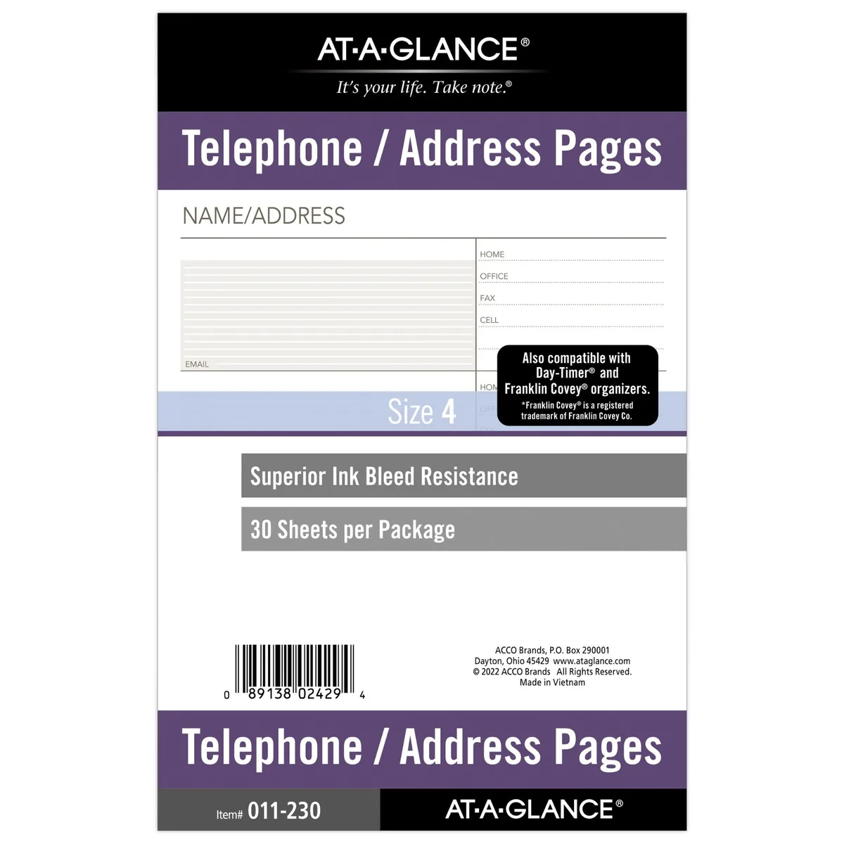 White planner refill pages with lined contact fields, 30 sheets