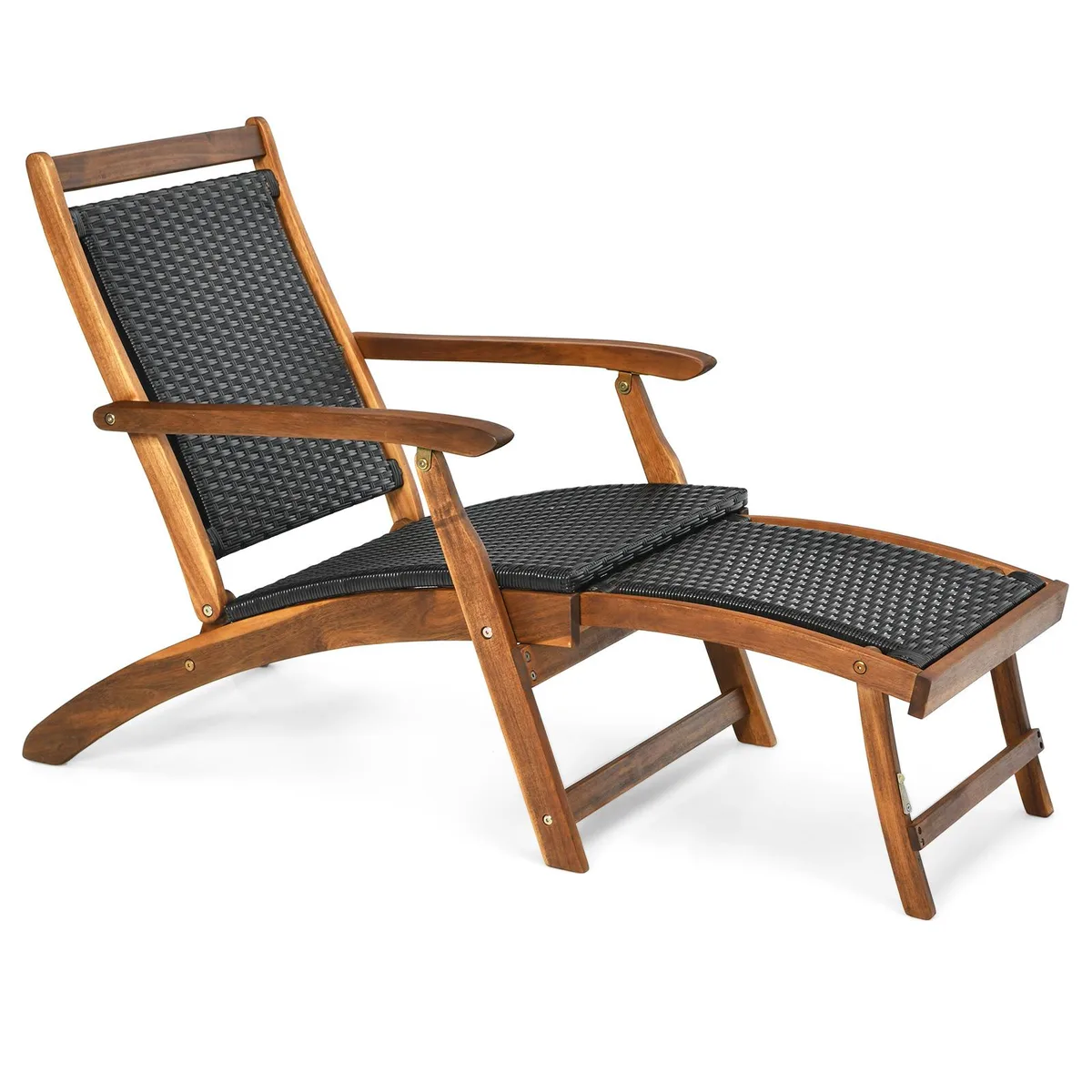 SlickBlue SlickBlue Folding Rattan Lounge Chair with Acacia Frame Retractable Footrest Brown — product photo