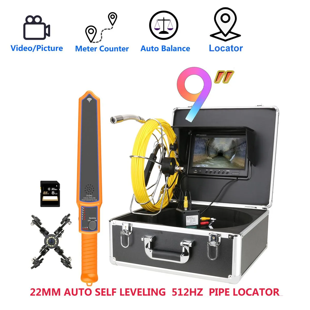 visiPower visiPower 9" Pipe Inspection Camera DVR 22MM IP68 1000TVL 12 LED 30m 512Hz Locator — product photo