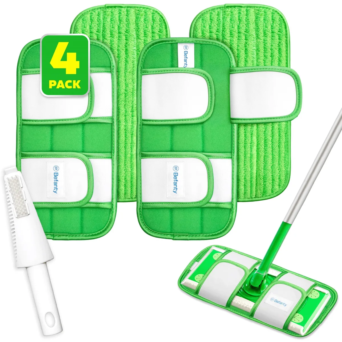 Four white microfiber mop pads with scraper tool