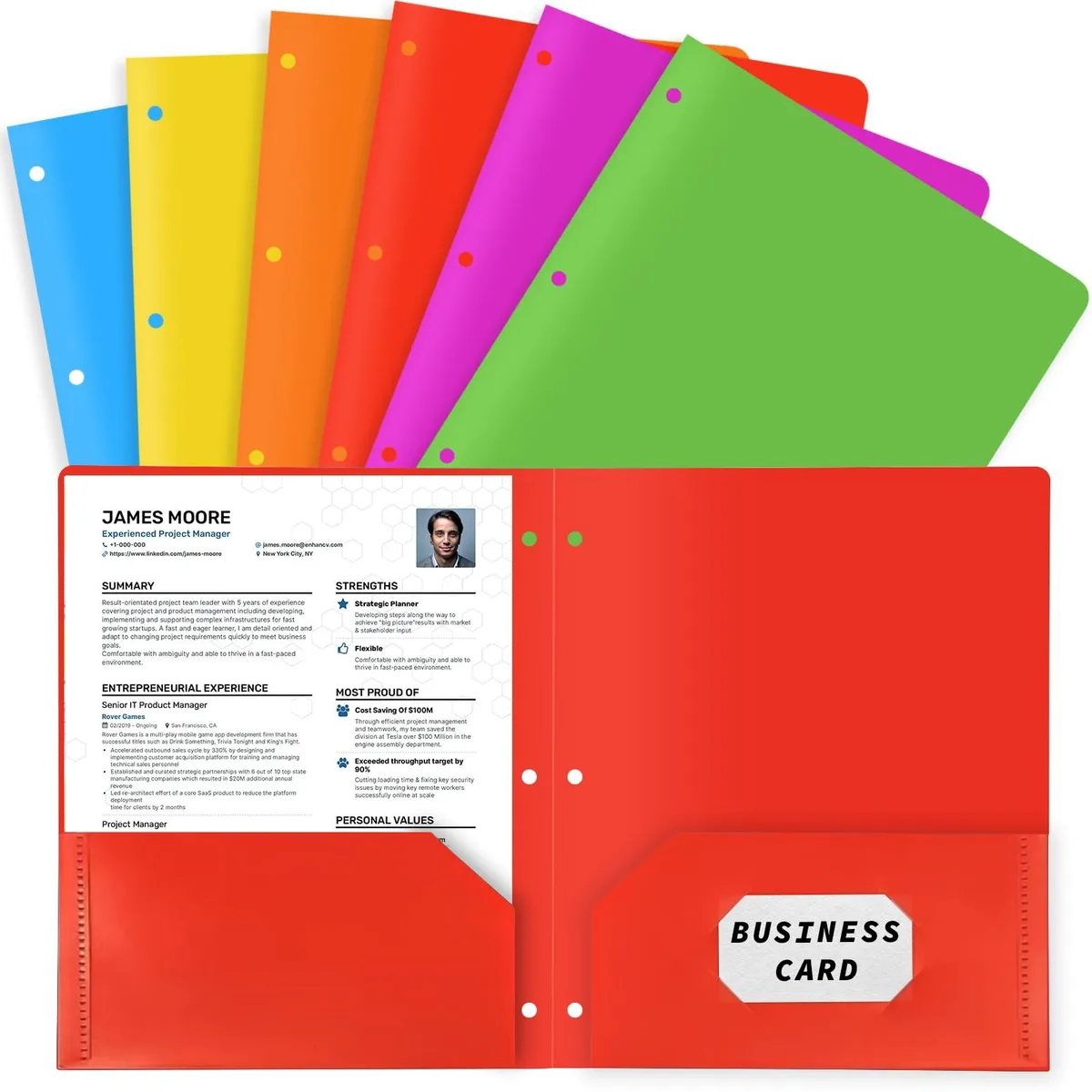 Six assorted-colour plastic pocket folders with three-hole punched edges