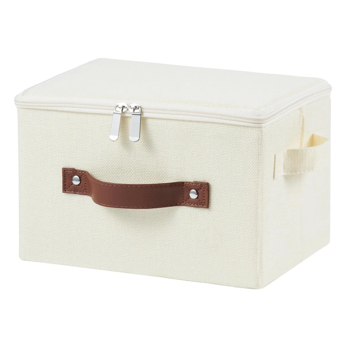 Twelve beige fabric bins with zipper lids and leather handles, stacked rectangular shape