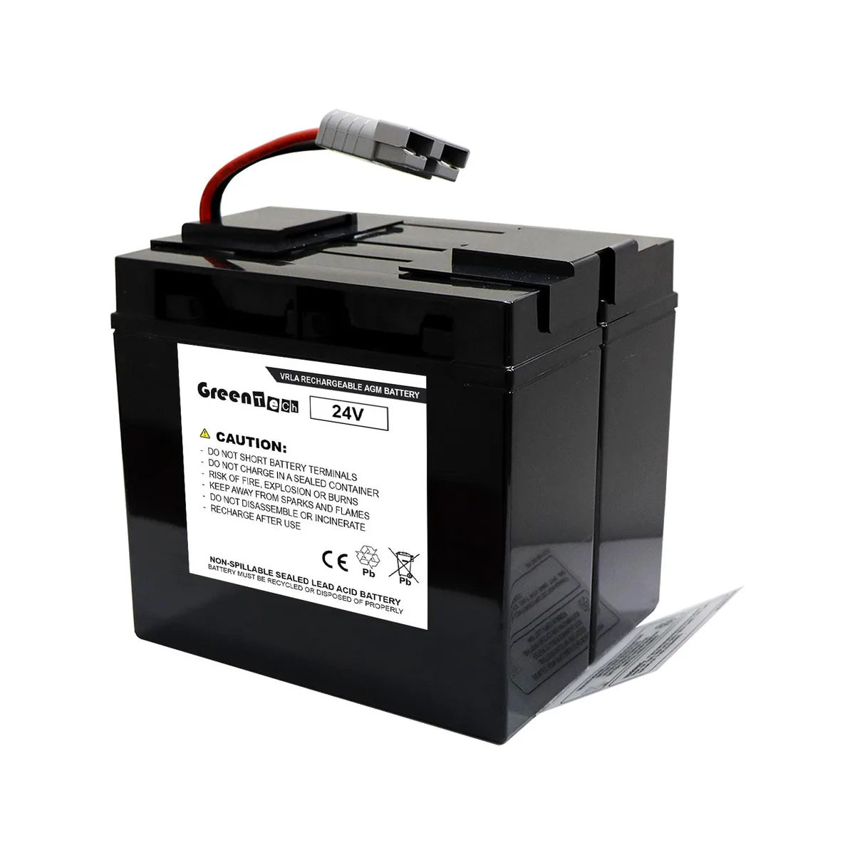 Rectangular sealed lead-acid battery cartridge, dark grey plastic case, two terminal posts on top, 6.85 by 6.00 by 7.20 inches