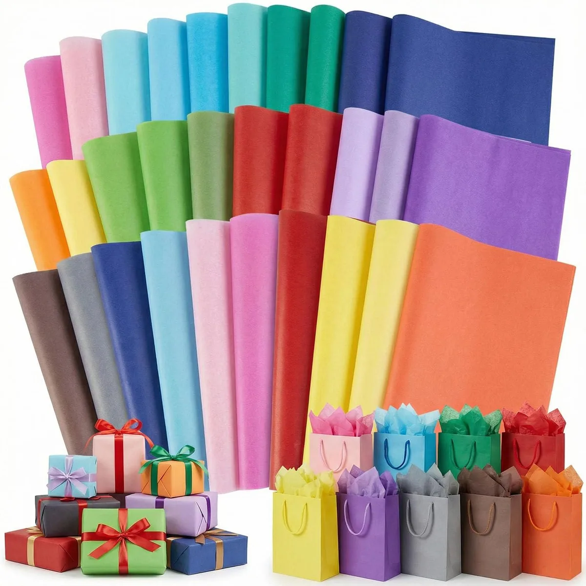 A roll of 120 tissue paper sheets in 20 colors, each 20 by 14 inches