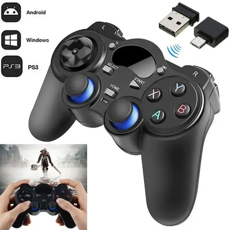 Black wireless gamepad with dual analog sticks and cross key
