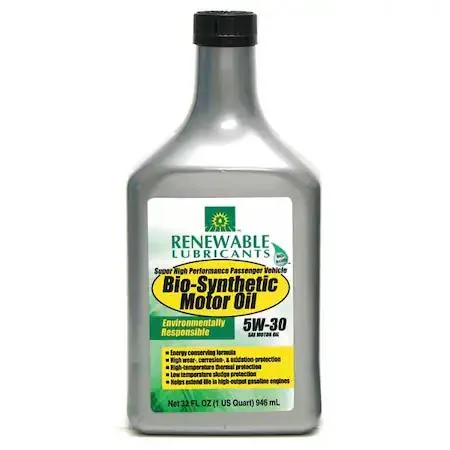 Clear plastic quart bottle of yellow bio-synthetic engine oil