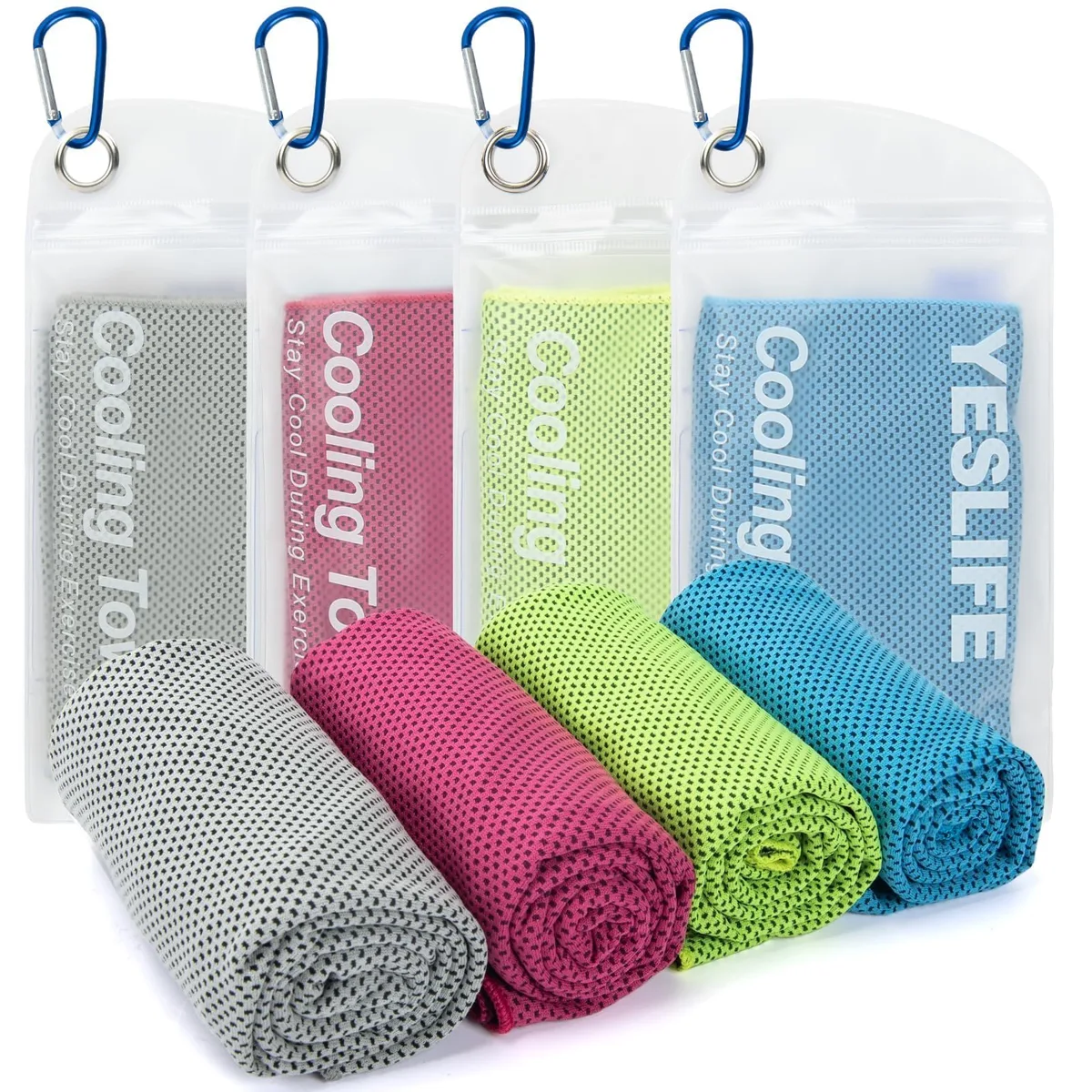 Four blue checkered microfibre cooling towels in a bag