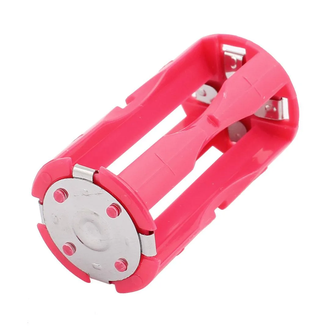Rose red plastic case holding four AAA batteries