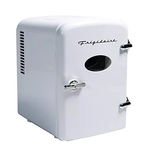 White compact mini fridge with front door and carrying handle