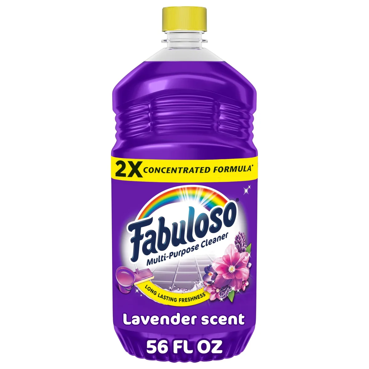 White plastic bottle with purple label and lavender scent branding, 56 fl oz size