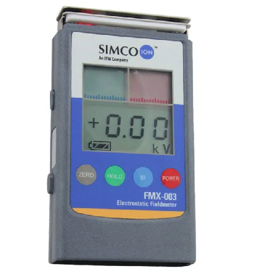 Red pocket-sized electrostatic field meter with digital display and distance LEDs