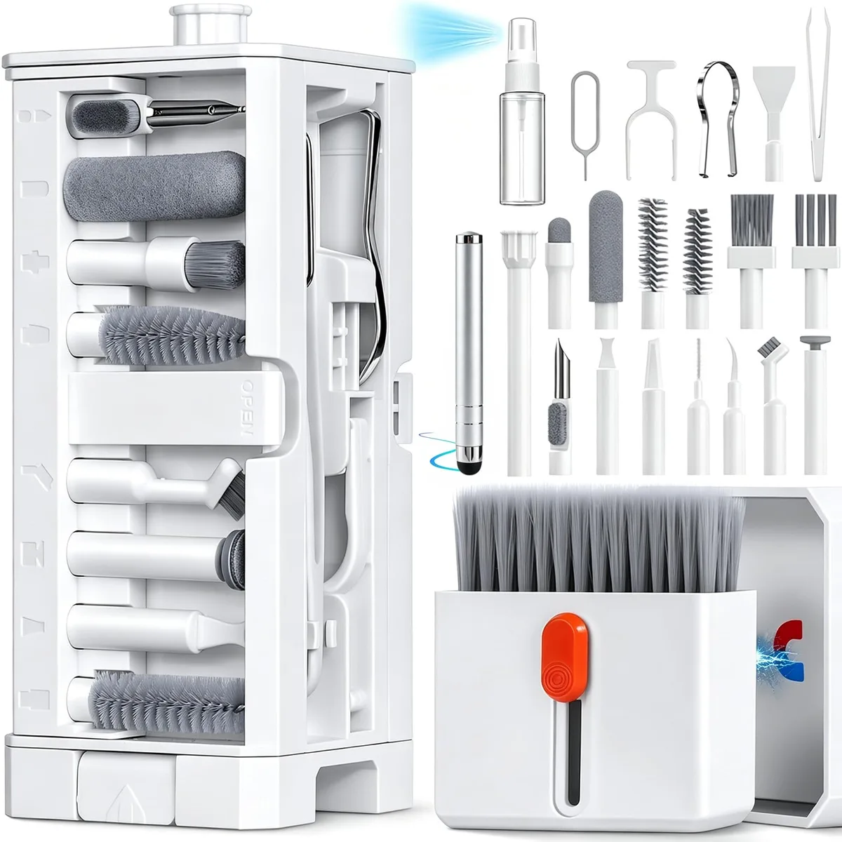 White 32-in-1 phone cleaning kit in slim tower case