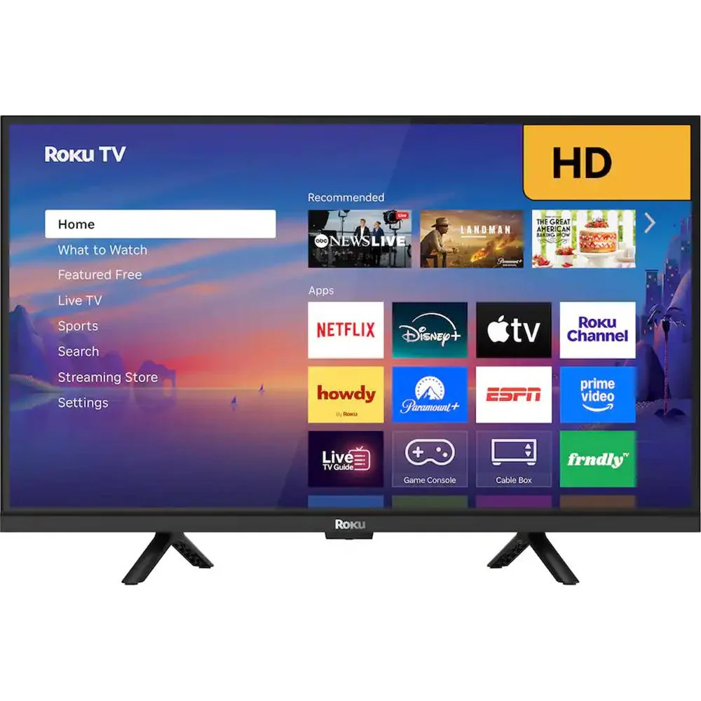 A 24 inch flat screen TV in black with a thin bezel and stand