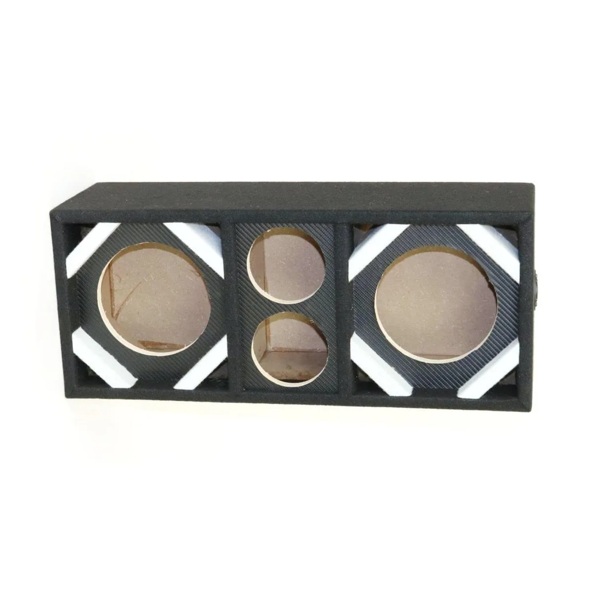 Black carbon-texture speaker enclosure with two 6-inch woofers and two tweeters