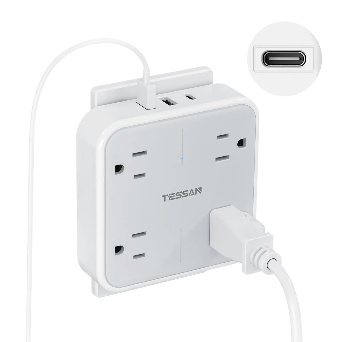 Gray 7-in-1 wall outlet extender with four widely spaced AC sockets, two USB-A ports, one USB-C port, and a stabilizing rod