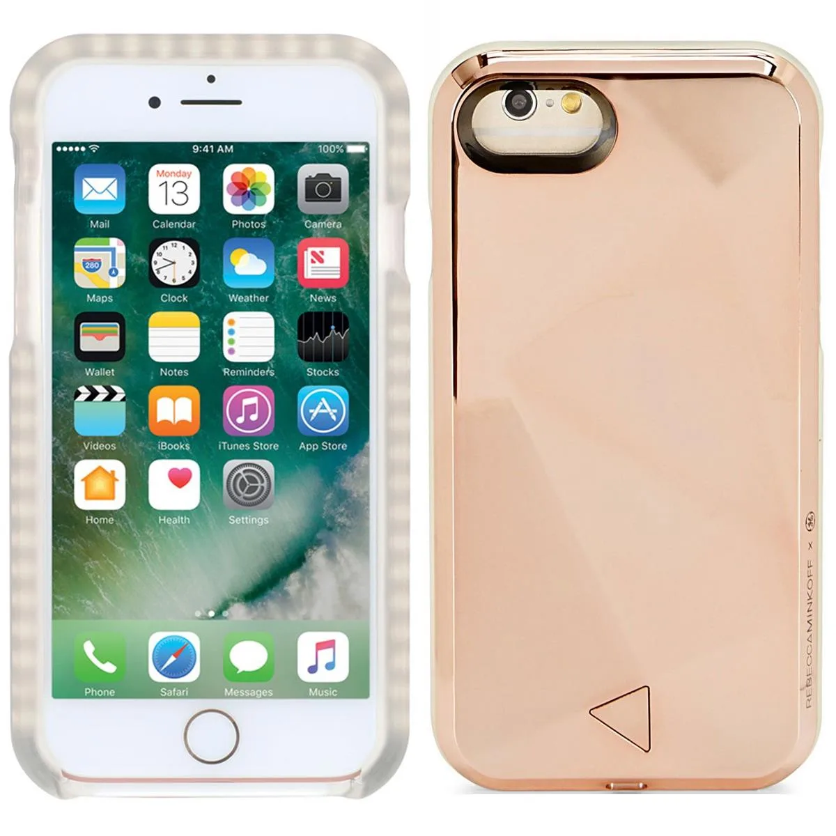 Rose gold metallic hardshell case with built-in LED lighting and dimmer switch for iPhone 7/8