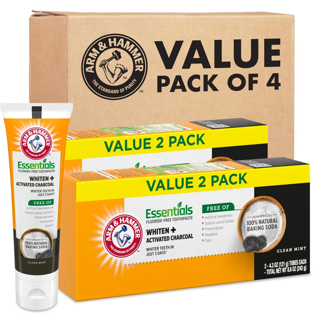 Four white toothpaste tubes with charcoal accents in cardboard sleeve