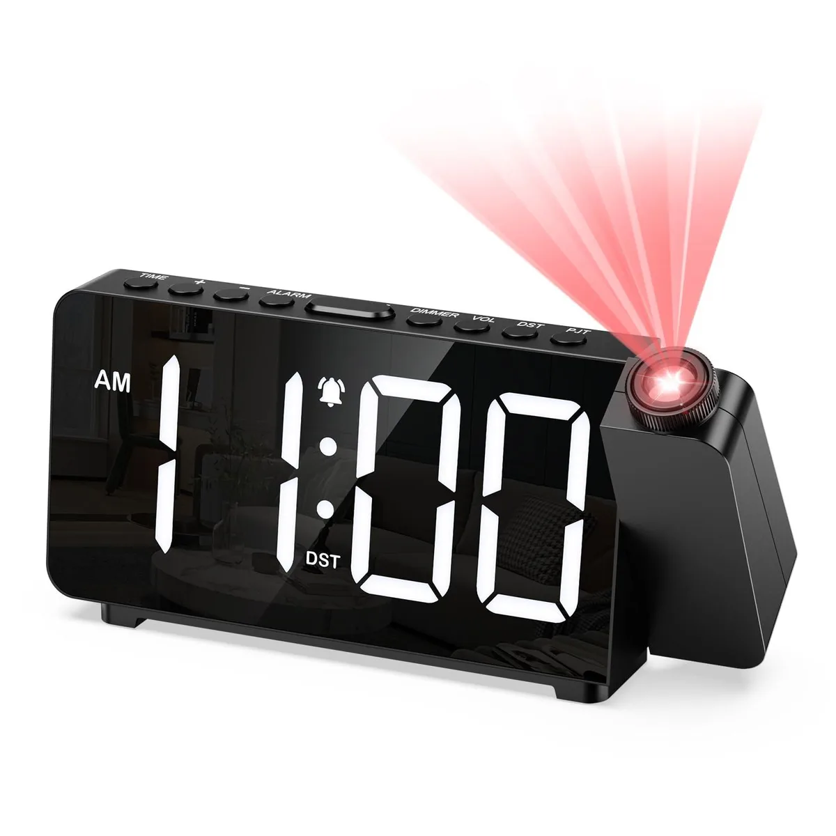 Black rectangular projection alarm clock with rotatable projector head and large LED display