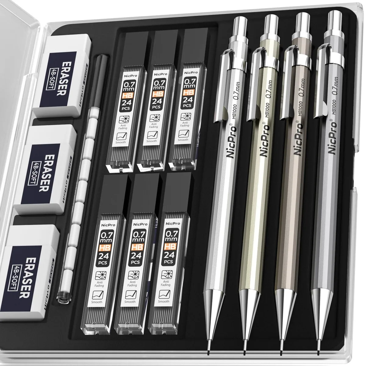 Four metallic mechanical pencils in a plastic case