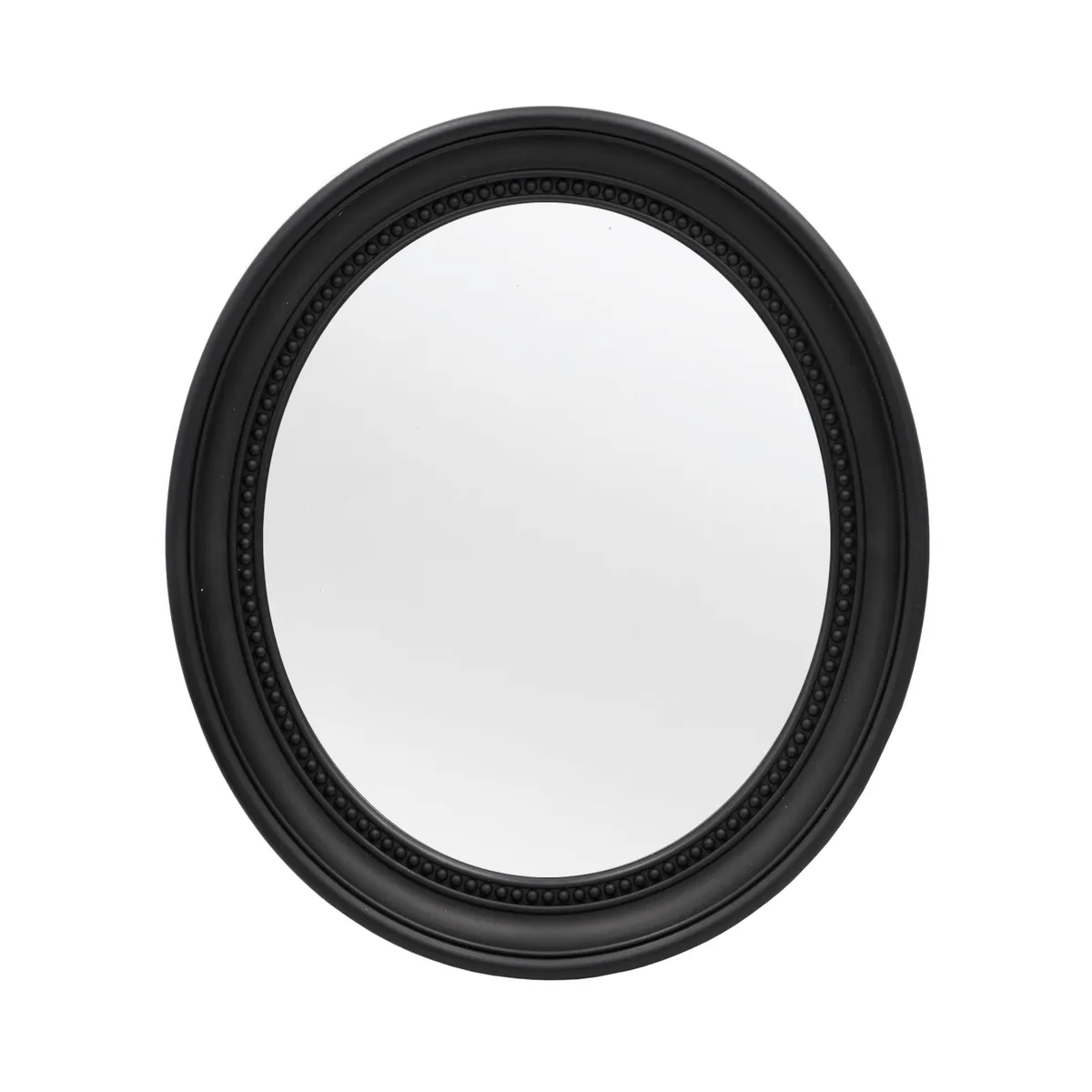 Oval black wall mirror with thin PP frame, 15.2 by 13.2 inches