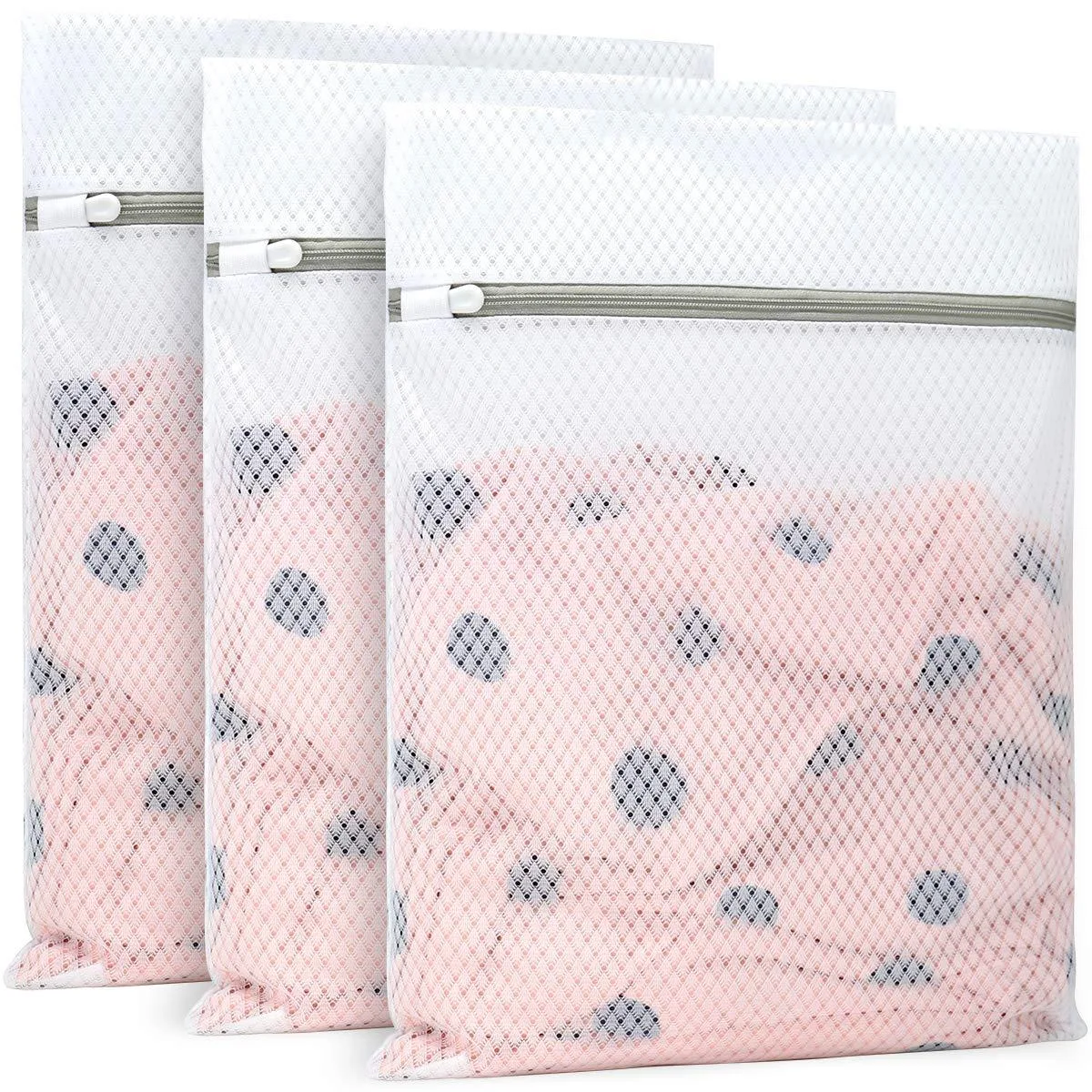 Three beige diamond mesh laundry bags with zippers, each 12 by 16 inches