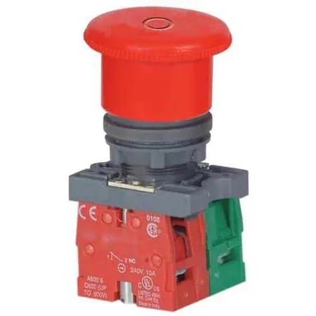 Red 22 mm emergency stop button with 40 mm mushroom head, plastic bezel, nitrile rubber operator, 1NO/1NC contacts