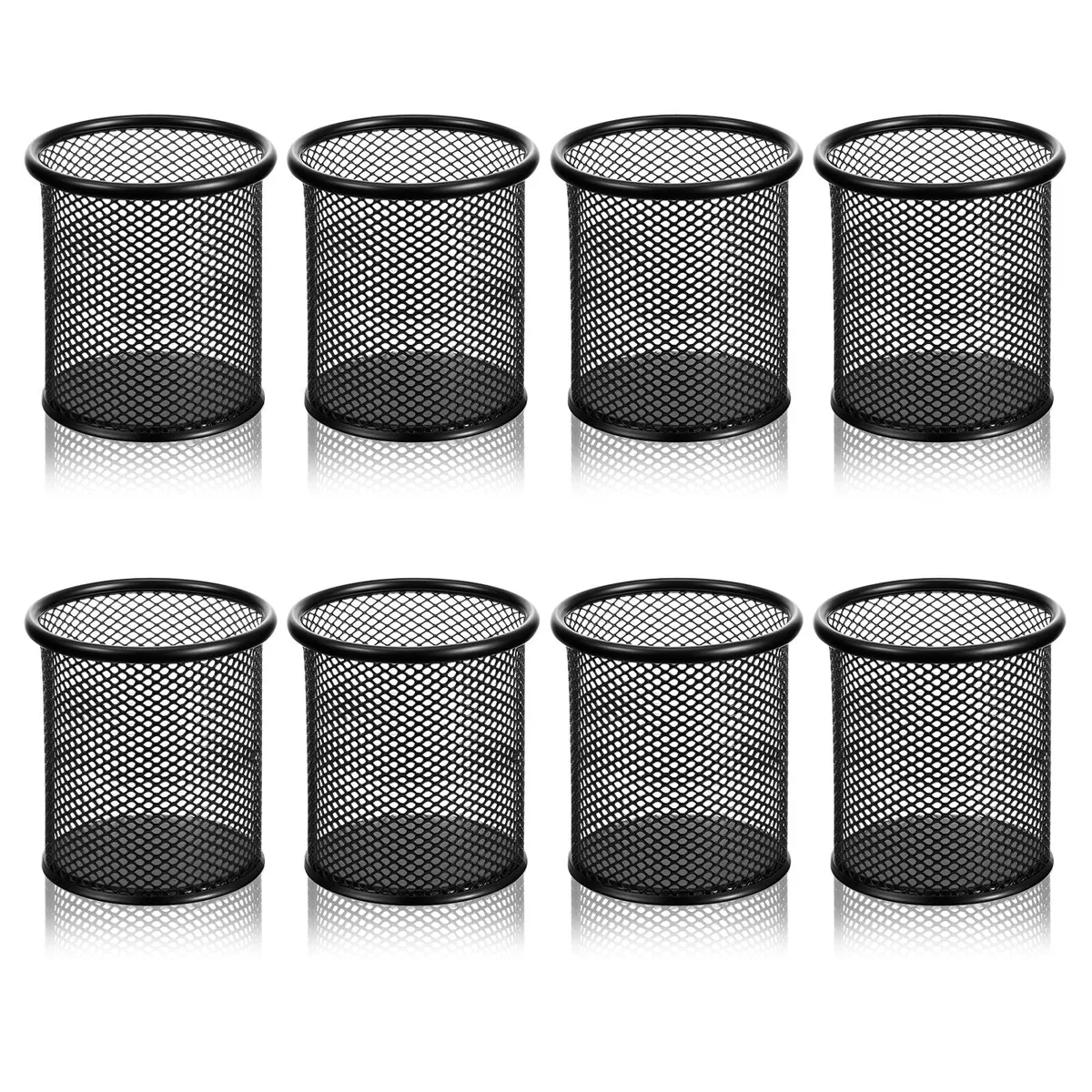 Eight black matte mesh metal cups in a grid arrangement