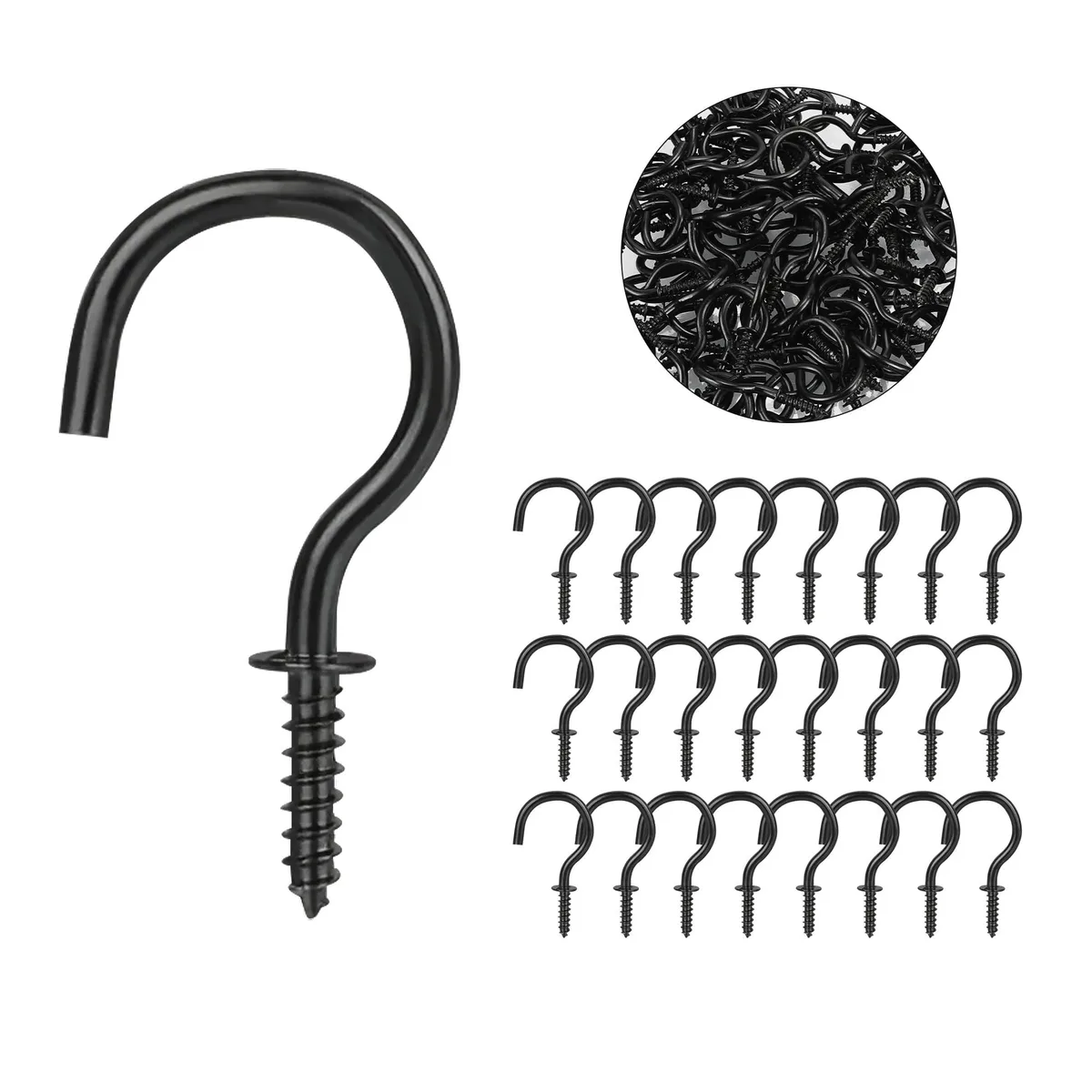 A pile of 120 small black carbon steel screw hooks, each one inch long, with a smooth painted finish and sharp self-tapping threads