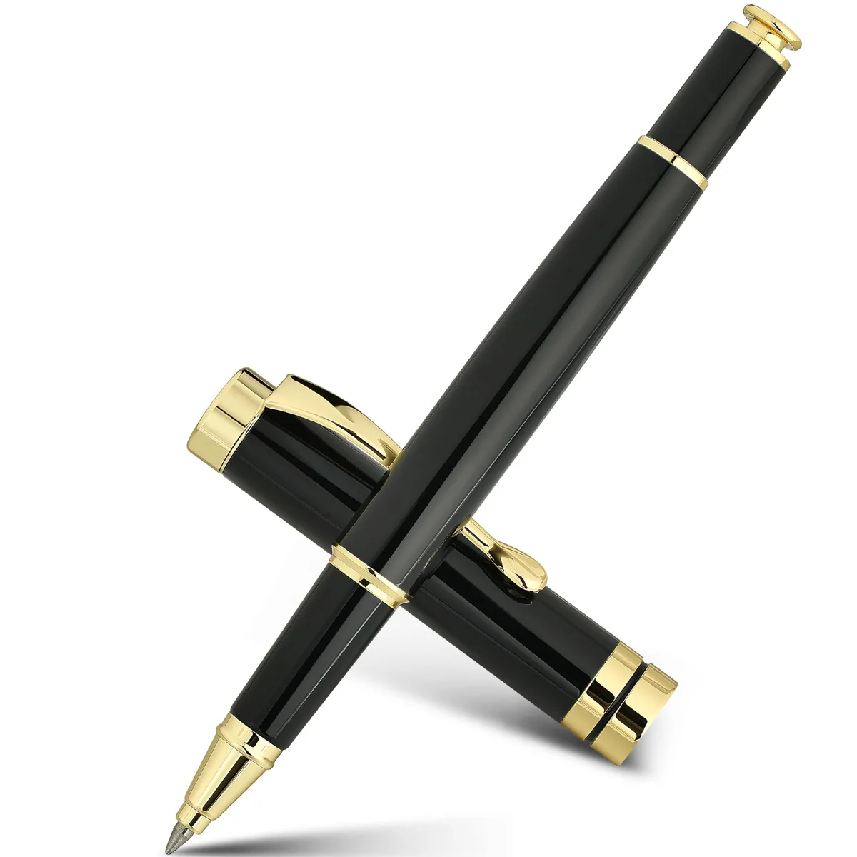 Black metal ballpoint pen with gold trim, 0.5mm refill