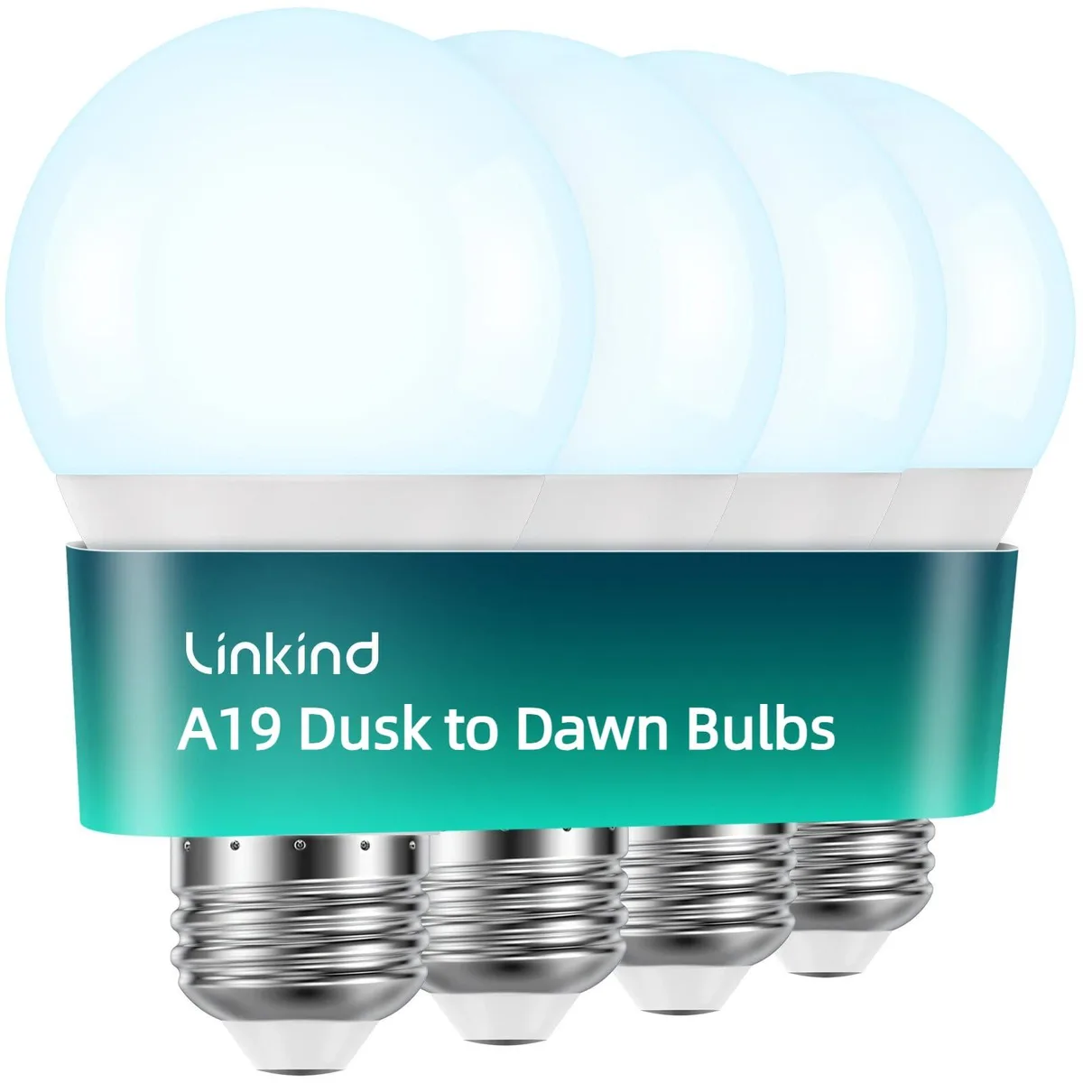 Four standard A19 LED bulbs with E26 bases in white finish