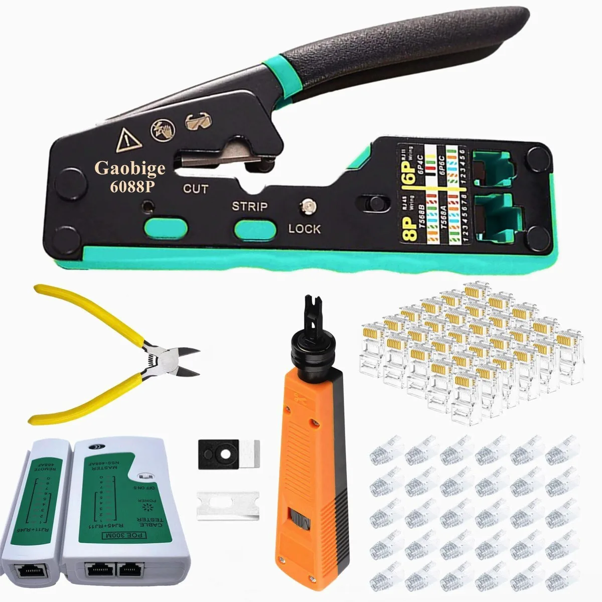 KEHIPI KEHIPI RJ45 Pass-Through Crimping Kit with 110 Punch Tool, Tester, 30 Connectors — product photo