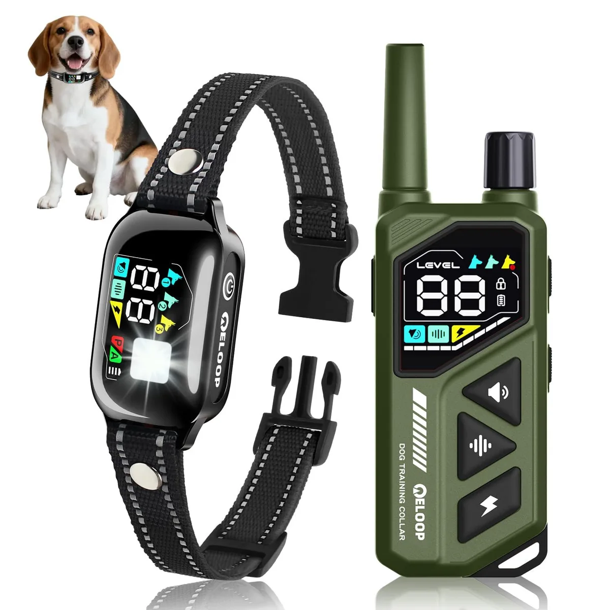 Green nylon dog training collar with remote control, adjustable reflective strap up to 26 in