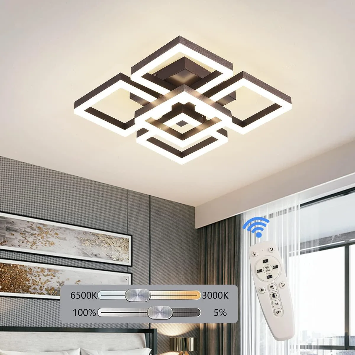 Garwarm Garwarm 64W Dimmable Flush Mount 5 Square Coffee Acrylic LED Chandelier — product photo
