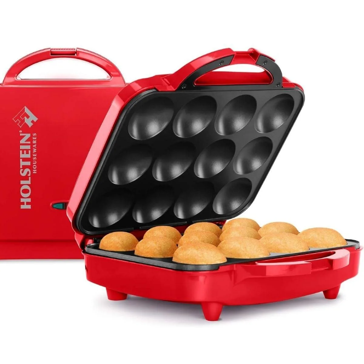 Red electric cupcake maker with domed lid and non-stick plates
