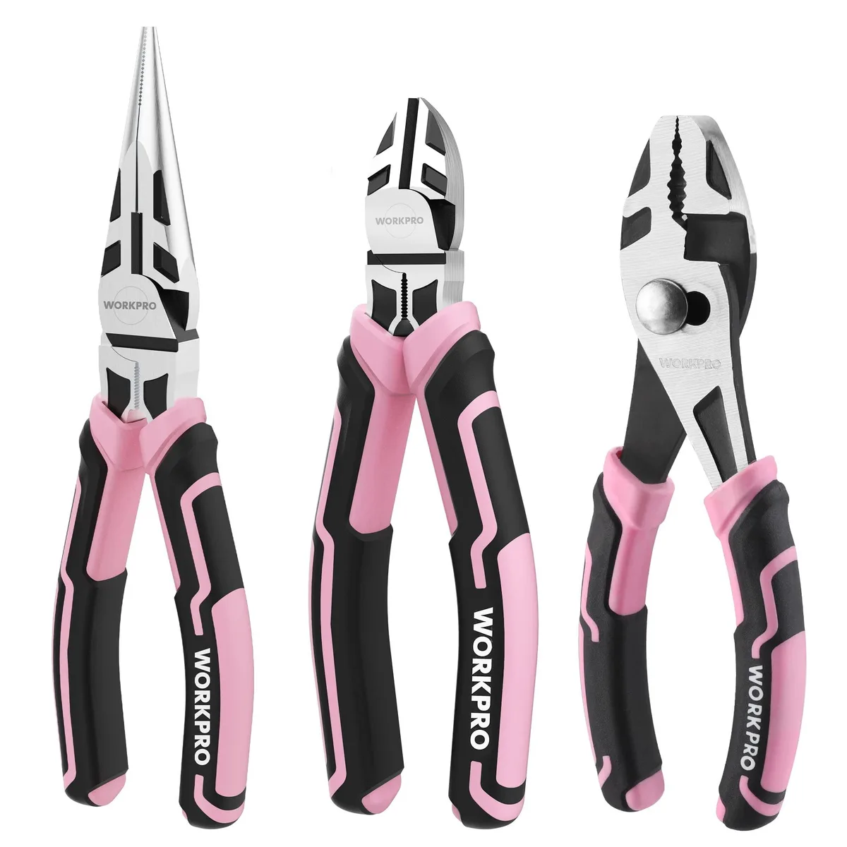 Three pink-handled steel pliers on a dark surface