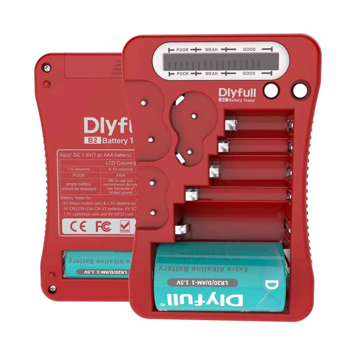 Compact black battery tester with LCD display and anti-slip finish