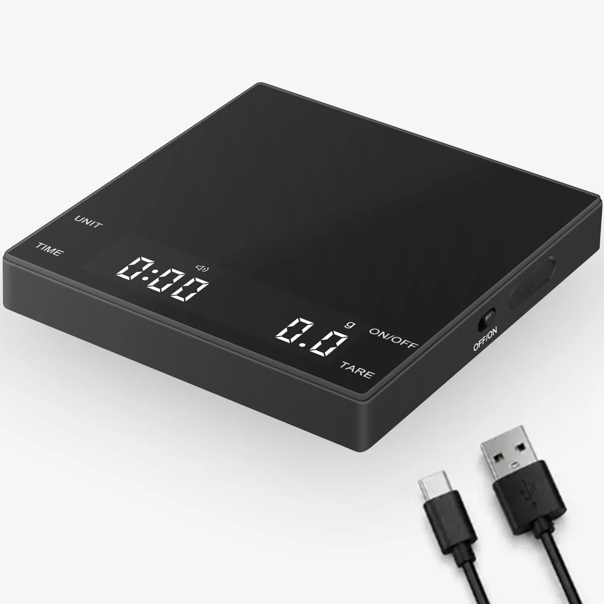 Twelve compact black coffee scales with seamless glass tops and USB-C ports