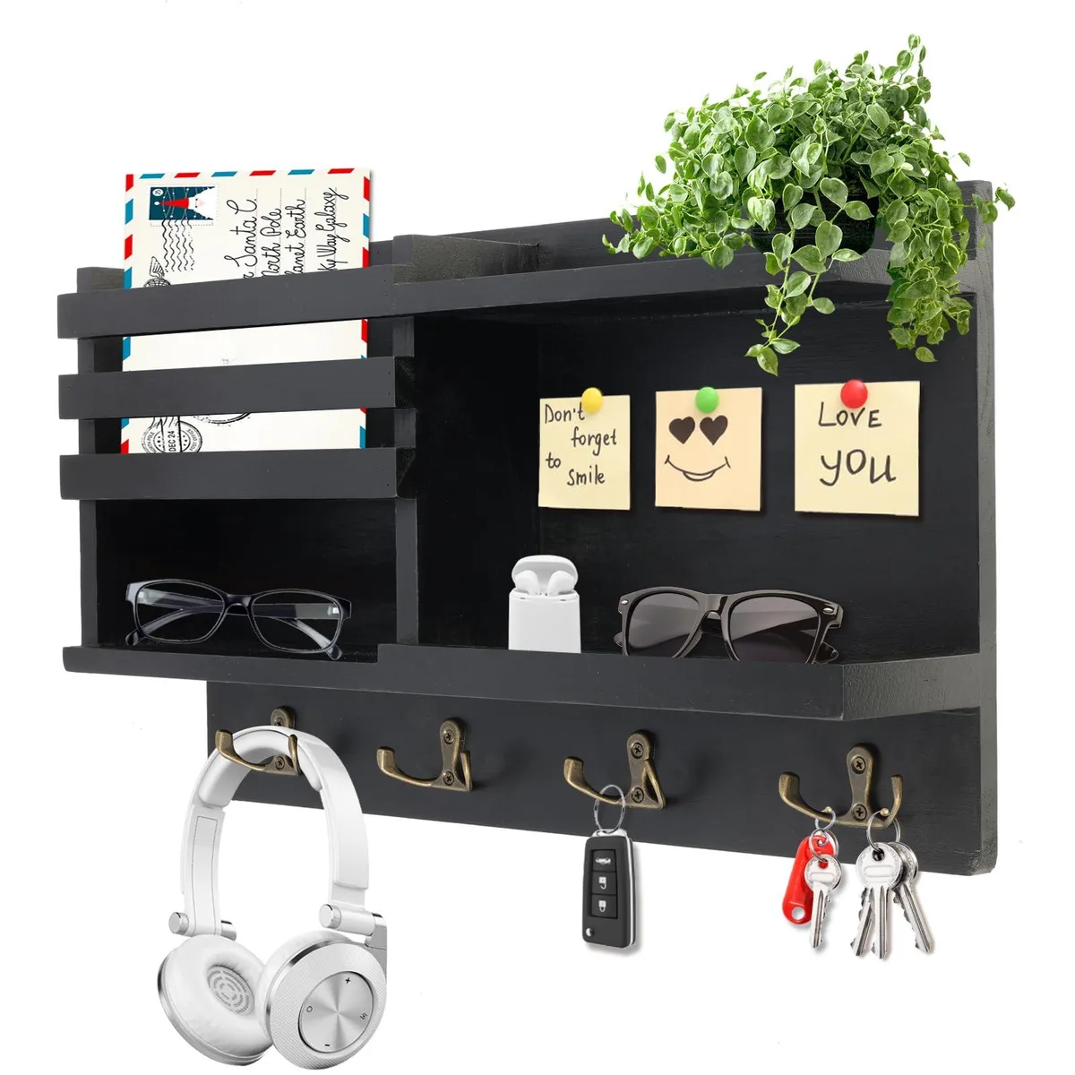 Matte black solid wood key holder with eight hooks, wall-mounted organiser