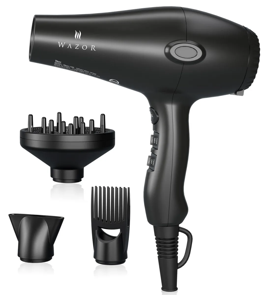 Black handheld hair dryer with diffuser attachment, matte finish, ergonomic handle, concentrator and comb included